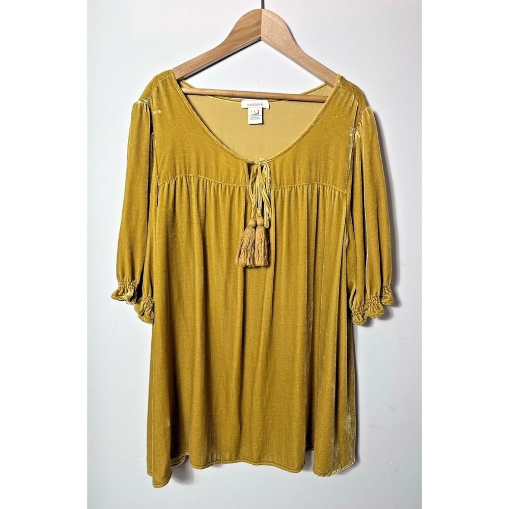 Sundance Top Womens Large Yellow Mustard Silk Rayon Tassel Peasant Boho Flutter